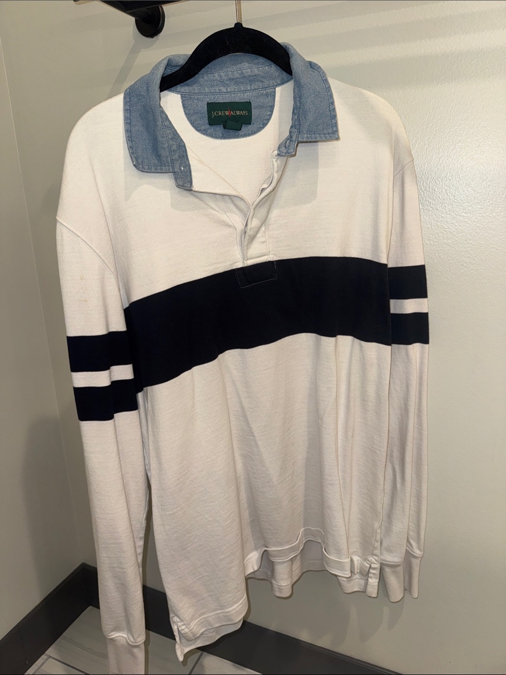 Vintage J. Crew Long-Sleeve Rugby Shirt Navy Stripe and Chambray Collar